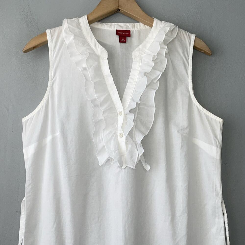 Merona Ruffled 100% Cotton Top Size Medium Sleeveless White Preppy Romantic Chic - Picture 2 of 10
